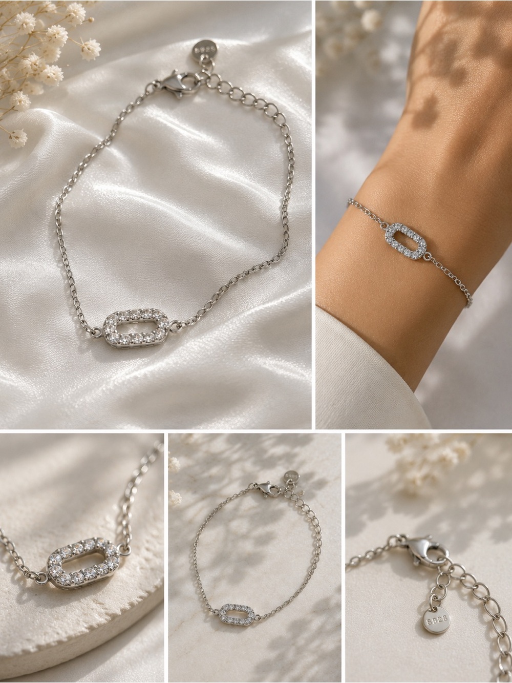 Stainless Steel Pavé Oval Link Bracelet - Sparkling White CZ